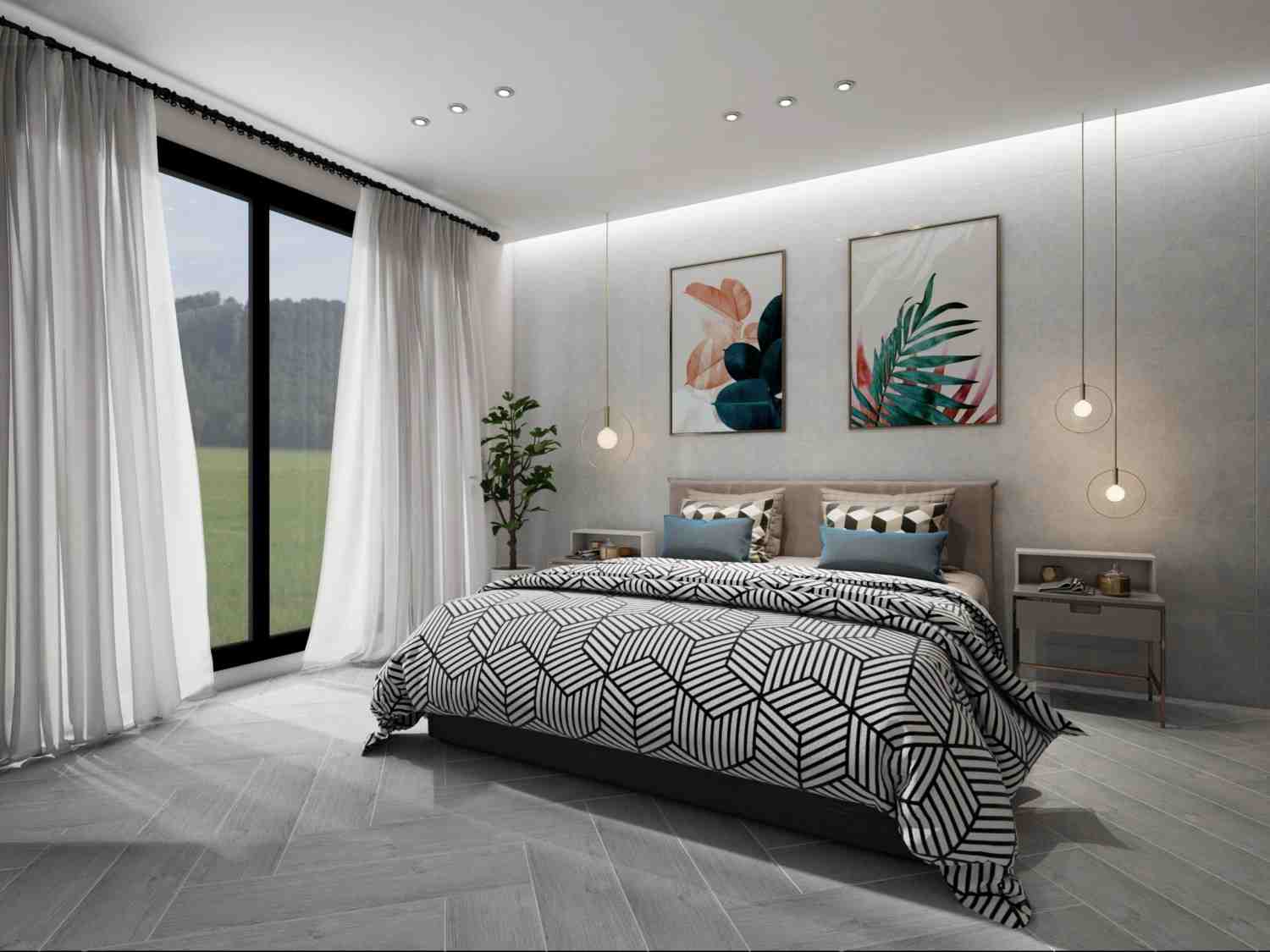 Gia chủ nên kết hợp gạch lát màu trung tính để không gian phòng ngủ mang cảm giác thư thái và dễ chịu